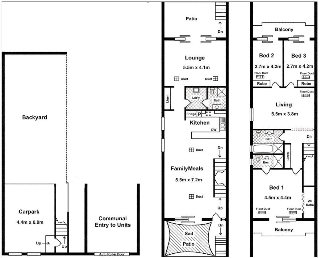 A floor plan with a backyard, carpark, communal entry, lounge, kitchen, family meals area, patio, balcony, and three bedrooms.