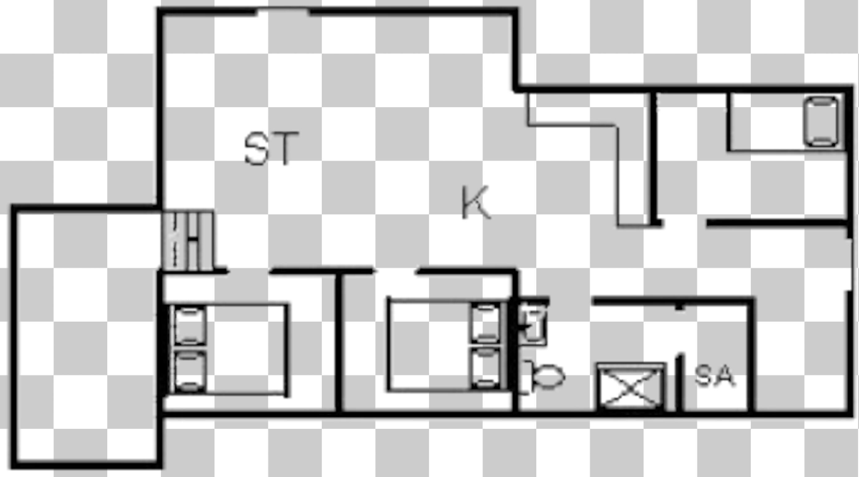 Plano de planta que muestra un dormitorio, un baño y una kitchenette.