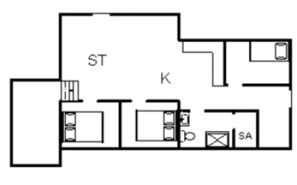 A floor plan with a kitchen, dining area, and a living room. - 4 Star Holiday Home in Hvide Sande (Hvide Sande)