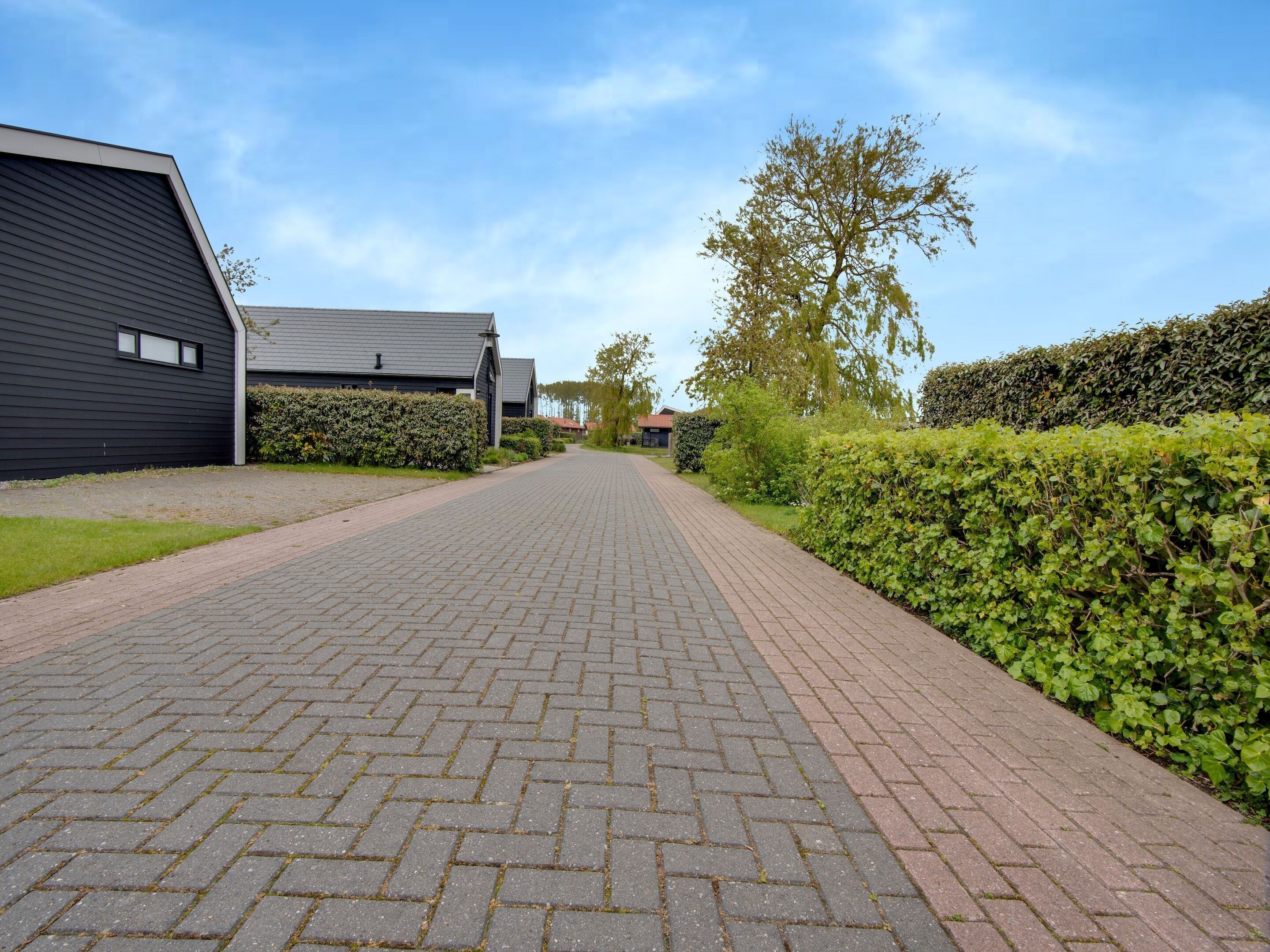 A paved pathway leading to modern buildings with dark siding and sloped roofs, surrounded by well-maintained hedges and trees.