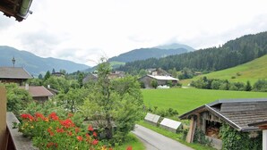 Un village rural avec des maisons traditionnelles en bois, une route pavée et un champ verdoyant.