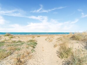 Un sentier de sable qui longe la plage et mène à l’océan, avec une végétation clairsemée de part et d’autre.