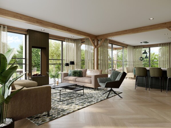 A spacious living room with a large window, a fireplace, and a dining area with bar stools. - Luxury Villa With Sauna Near the Beach (De Cocksdorp)