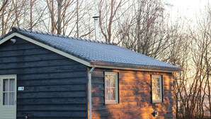 Een houten chalet met een schuin dak, schoorsteen en een klein terras.