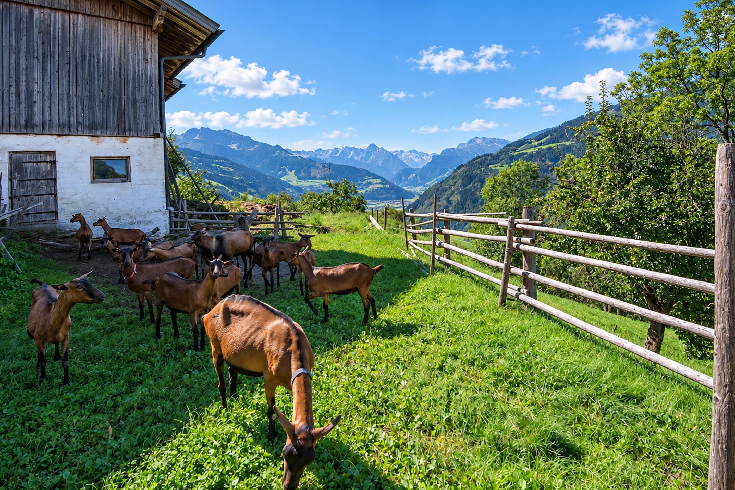 A rustic barn with a group of goats in a fenced pasture, surrounded by lush greenery and mountains in the background.
