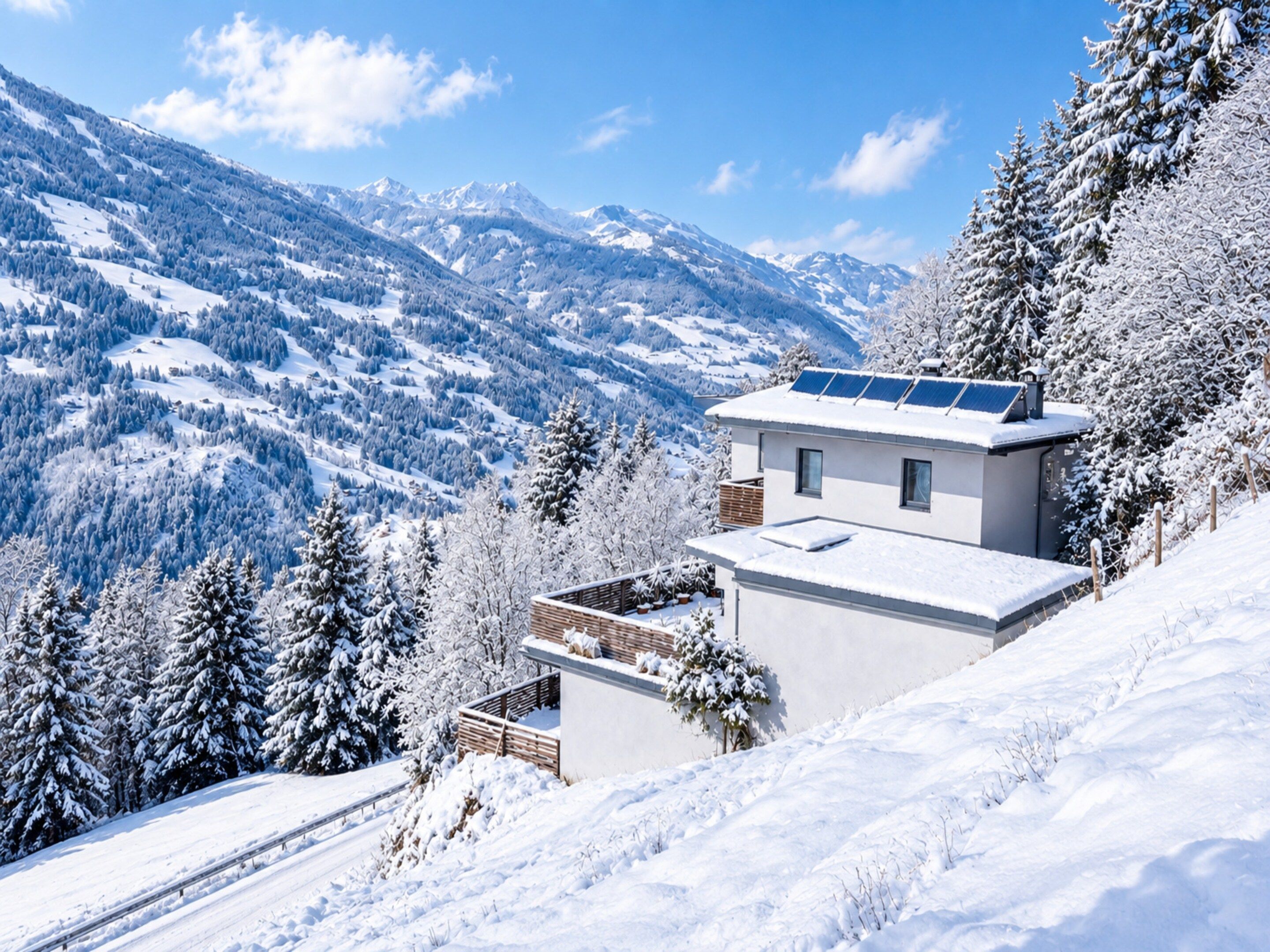 A modern house with a flat roof, solar panels, and a view of snow-covered mountains.