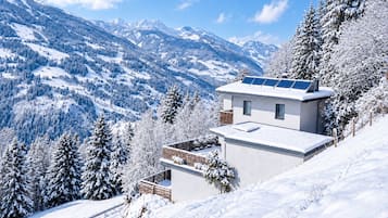 A modern house with a flat roof, solar panels, and a view of snow-covered mountains.