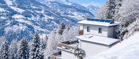 A modern house with a flat roof, solar panels, and a view of snow-covered mountains.