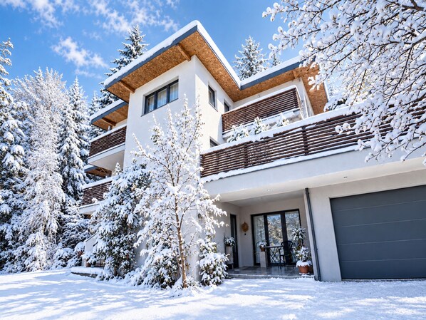 Una casa moderna de dos pisos con un porche cubierto, árboles cubiertos de nieve y un garaje.