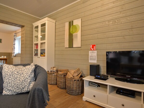 Huis | Woonruimte | Een open haard en een dvd-speler