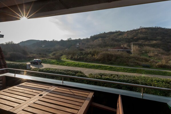 A balcony with a view of a road and hills. - Attractive Apartment at Bottom of Dunes near Center (Zoutelande)
