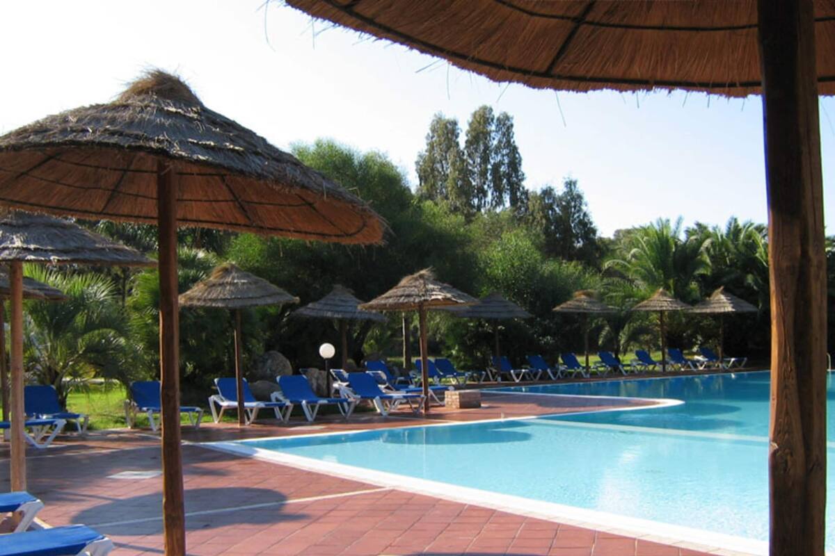 A swimming pool with blue water, surrounded by lounge chairs and thatched umbrellas.