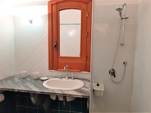 Shower, hair dryer, towels