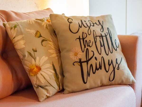 Dos almohadones decorativos sobre un sofá.