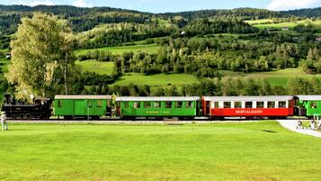 Un tren verde y rojo sobre rieles, con vistas a un campo verde y colinas boscosas al fondo.