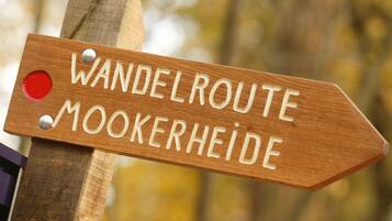 A wooden sign with the text "Wandelroute Mookerheide" indicating a walking route.