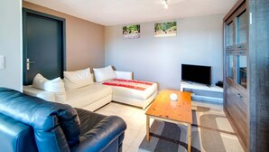 Una sala de estar moderna con un sofá, una mesa de centro, un televisor de pantalla plana y un aparador.
