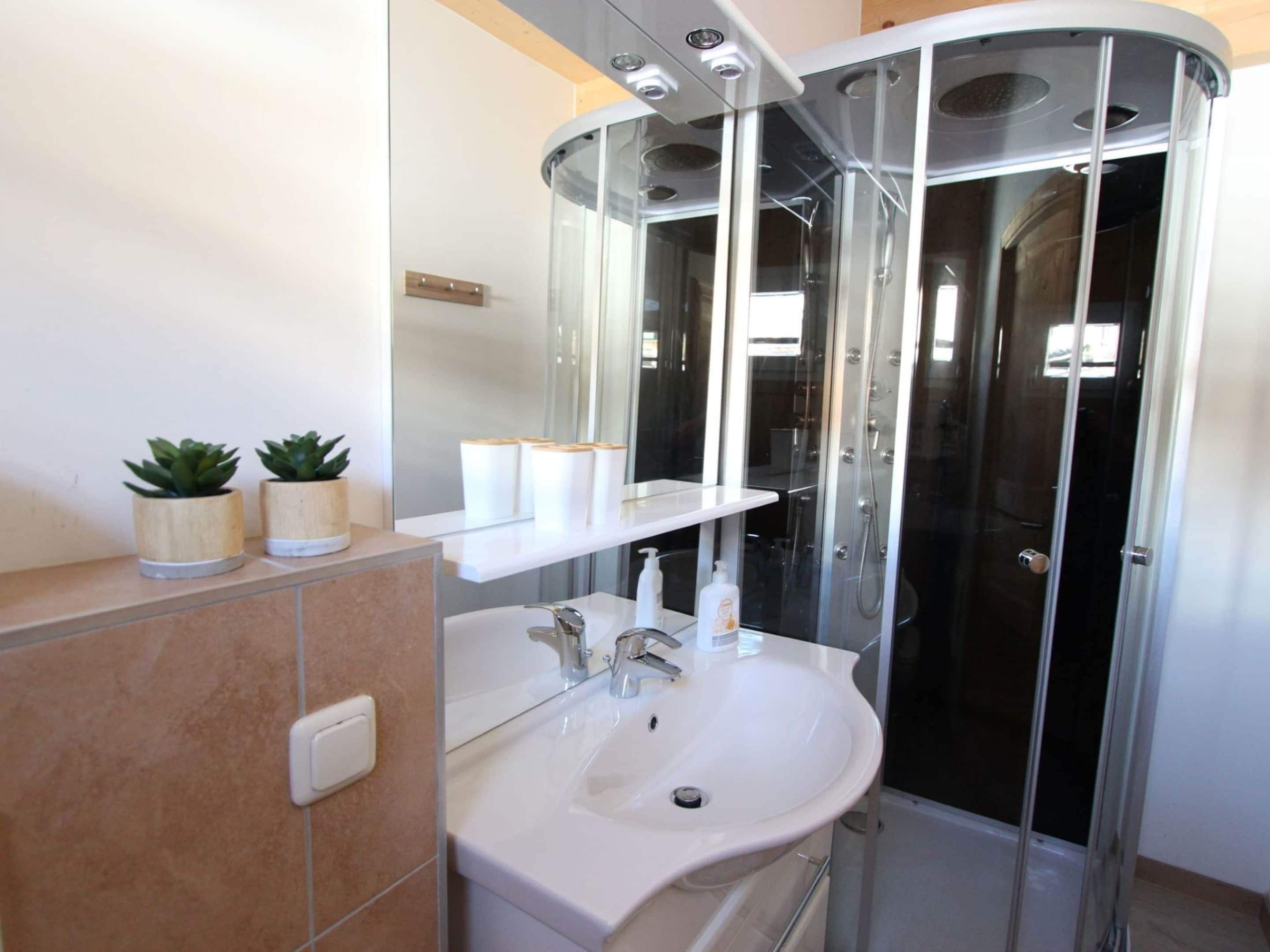 A modern bathroom with a curved glass shower enclosure, a white sink, and two potted plants on the countertop.