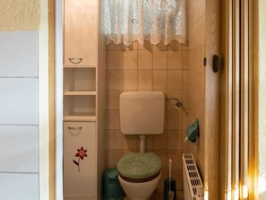 Une petite salle de bain avec des toilettes, une étagère et un radiateur.