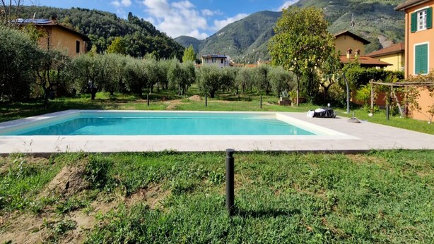 A swimming pool surrounded by olive trees and houses with green shutters, set against a mountainous backdrop. - Villa With Garden Near Versilia Beach (Camaiore)