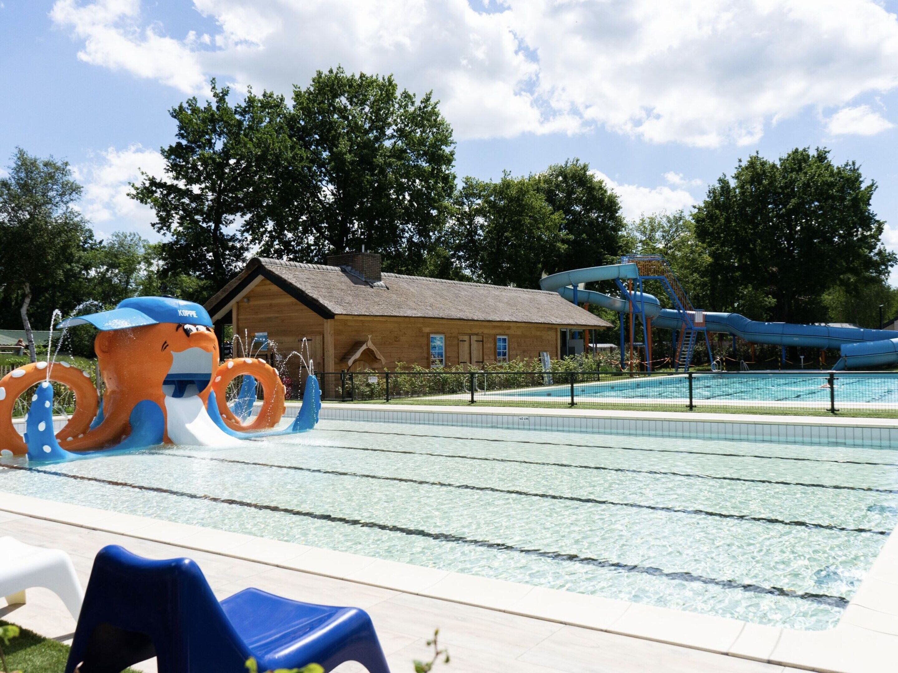 A swimming pool with inflatable octopus toys, a slide, and a wooden building in the background.