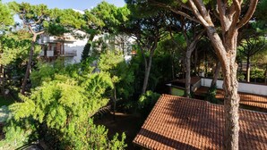 Ein Wohngebiet mit einem Haus, das ein Ziegeldach und einen Baum im Vordergrund hat.