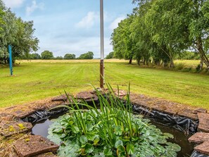 A pond with lily pads and water plants, surrounded by a grassy field and trees.
