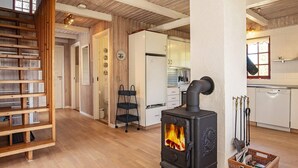 En ombonad inredning med en vedeldad kamin, en bokhylla i trä och ett köksutrymme.