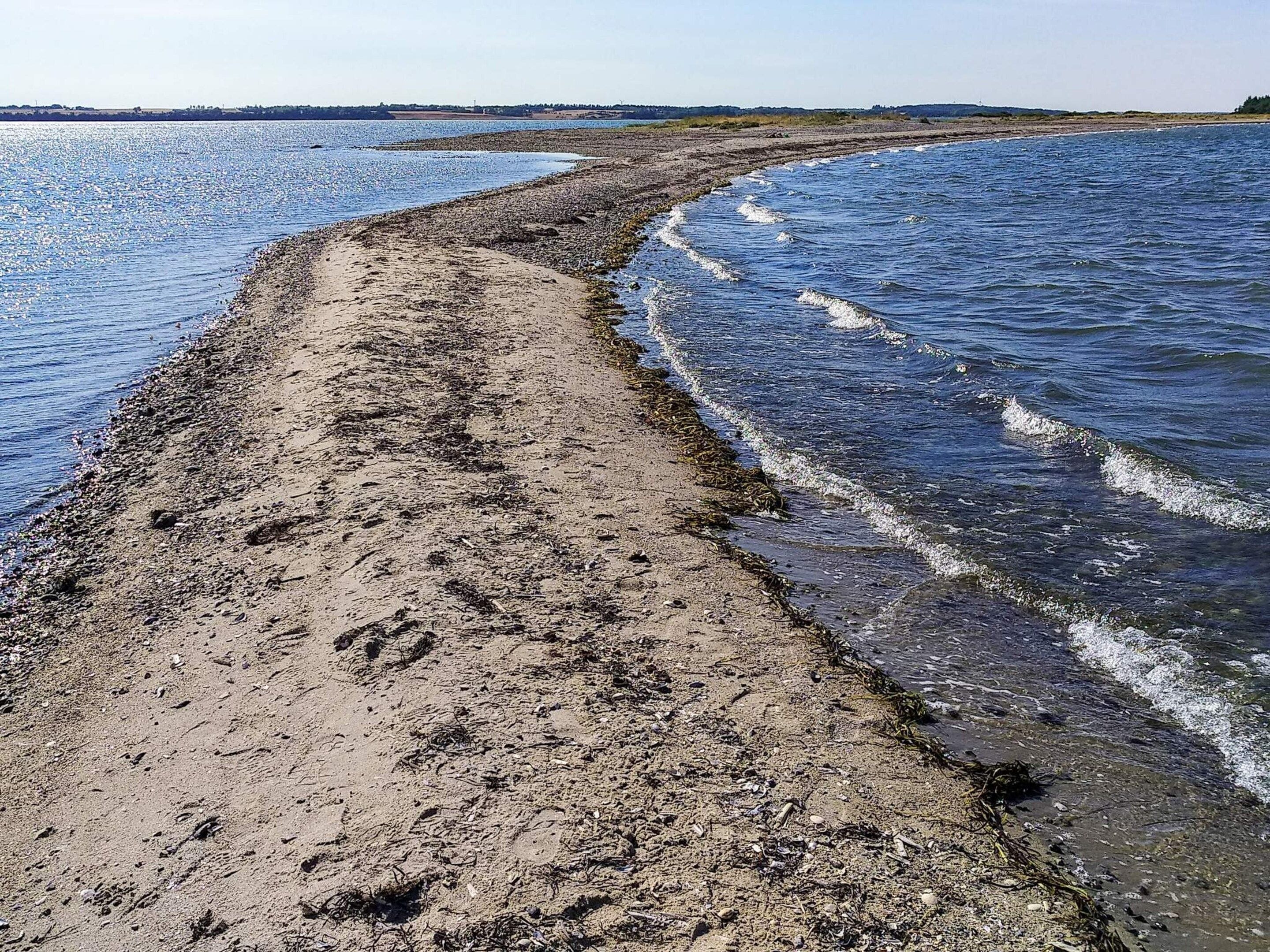 A beach with a curved shoreline, clear water, and a distant horizon.