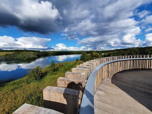 Un muelle de madera a orillas de un lago, con vistas claras del paisaje circundante.