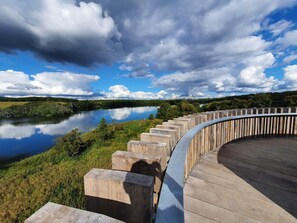 Un muelle de madera a orillas de un lago, con vistas claras del paisaje circundante.
