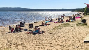 Uma praia com pessoas tomando sol e nadando, c éu claro e uma floresta ao longe.