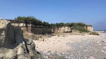 Une plage rocheuse, avec une falaise et une végétation clairsemée.