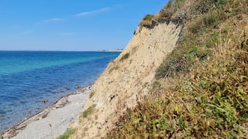 Paisagem costeira com uma praia arenosa e um penhasco íngreme.