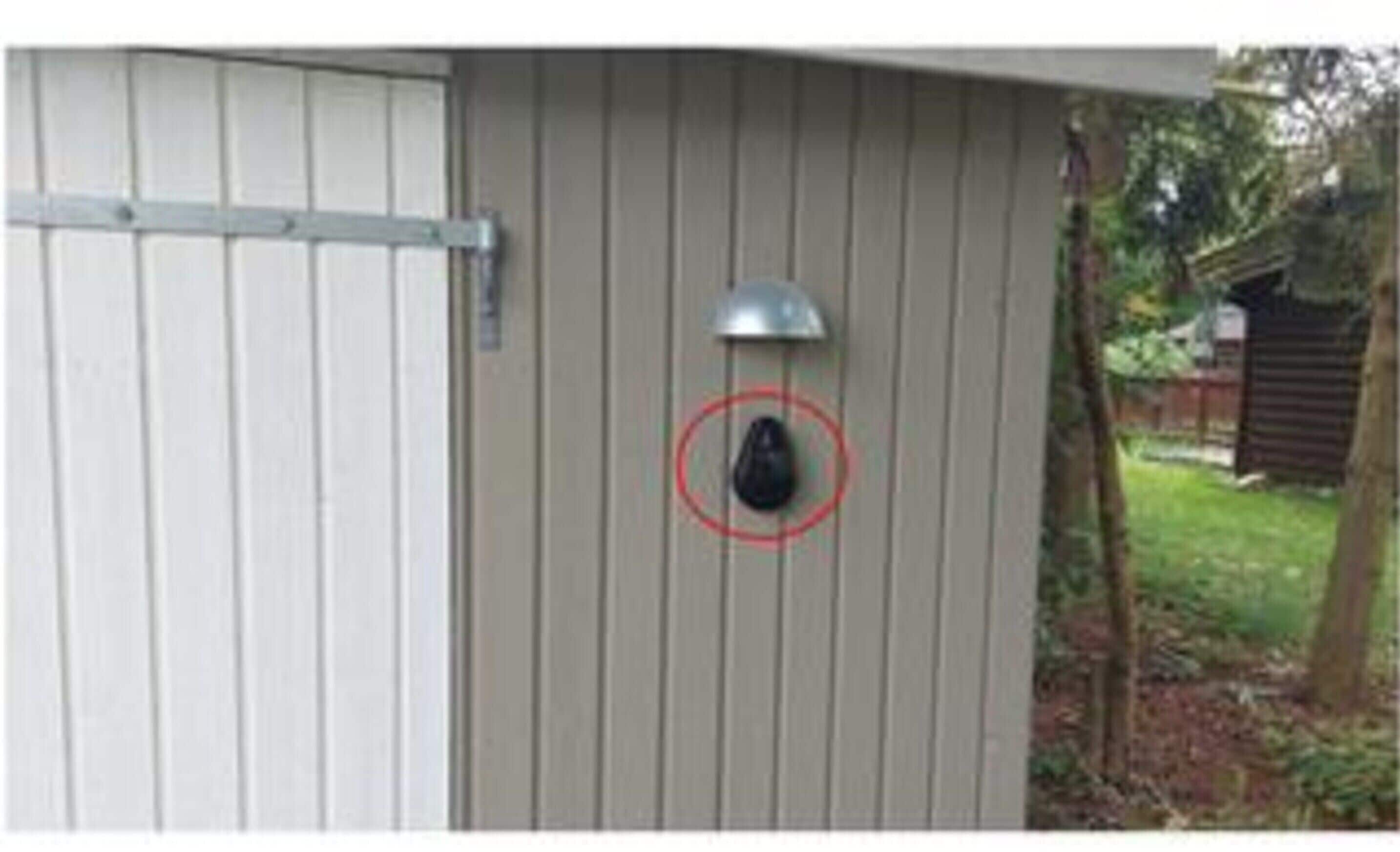 A shed with a metal door, a roof vent, and a hanging object marked with a red circle.