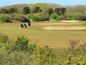 A golf course with a clear sky, a sand bunker, and a group of people playing.