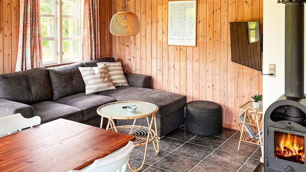 A cozy room with a sofa, a small round table, a chair, a wooden table, a woven light fixture, a framed picture, and a wood-burning stove. - Holiday Home in Hadsund (Hadsund)