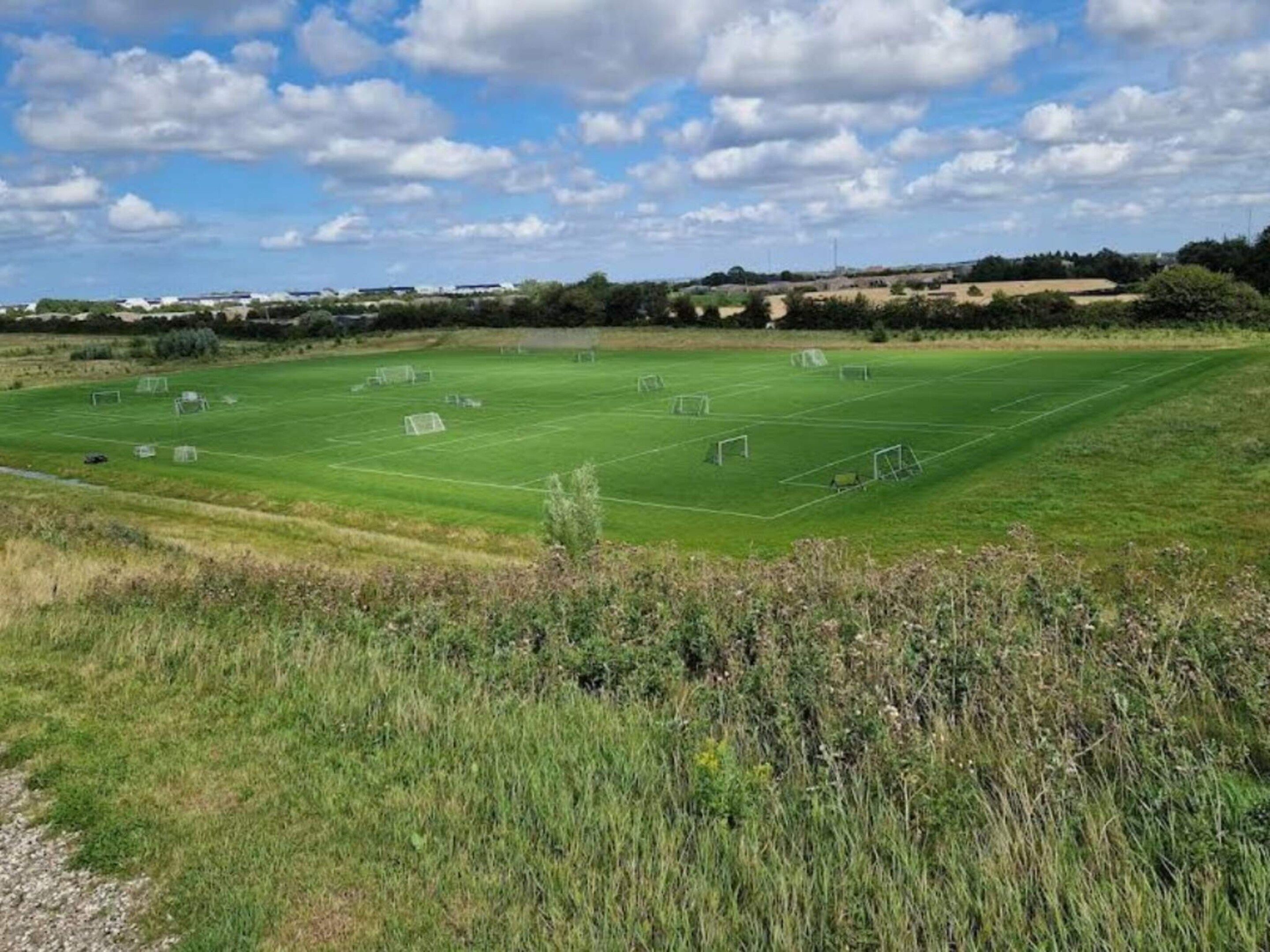 Ein großes, offenes Grasfeld mit mehreren Fußballtoren, umgeben von Bäumen und Feldern.