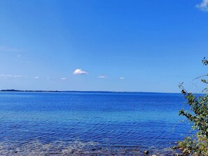 A clear view of a calm sea with a distant shoreline, a few clouds in the sky, and some vegetation in the foreground.
