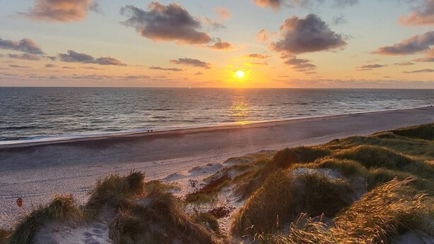 Ein Strand mit untergehendem Sonnenuntergang am Horizont, ein sandiger Küstenstreifen und gräserne Dünen.
