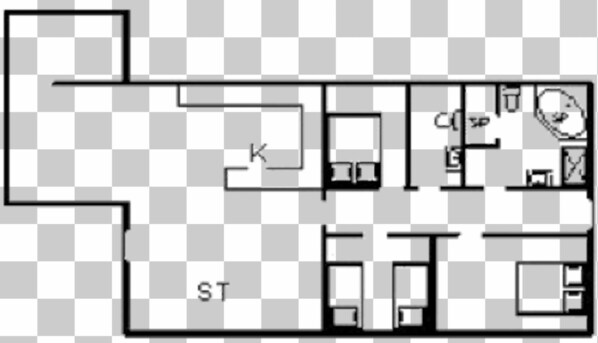 A floor plan with a kitchen, a living area, a bedroom, and a bathroom. - 4 Star Holiday Home in Norre Nebel (Norre Nebel)