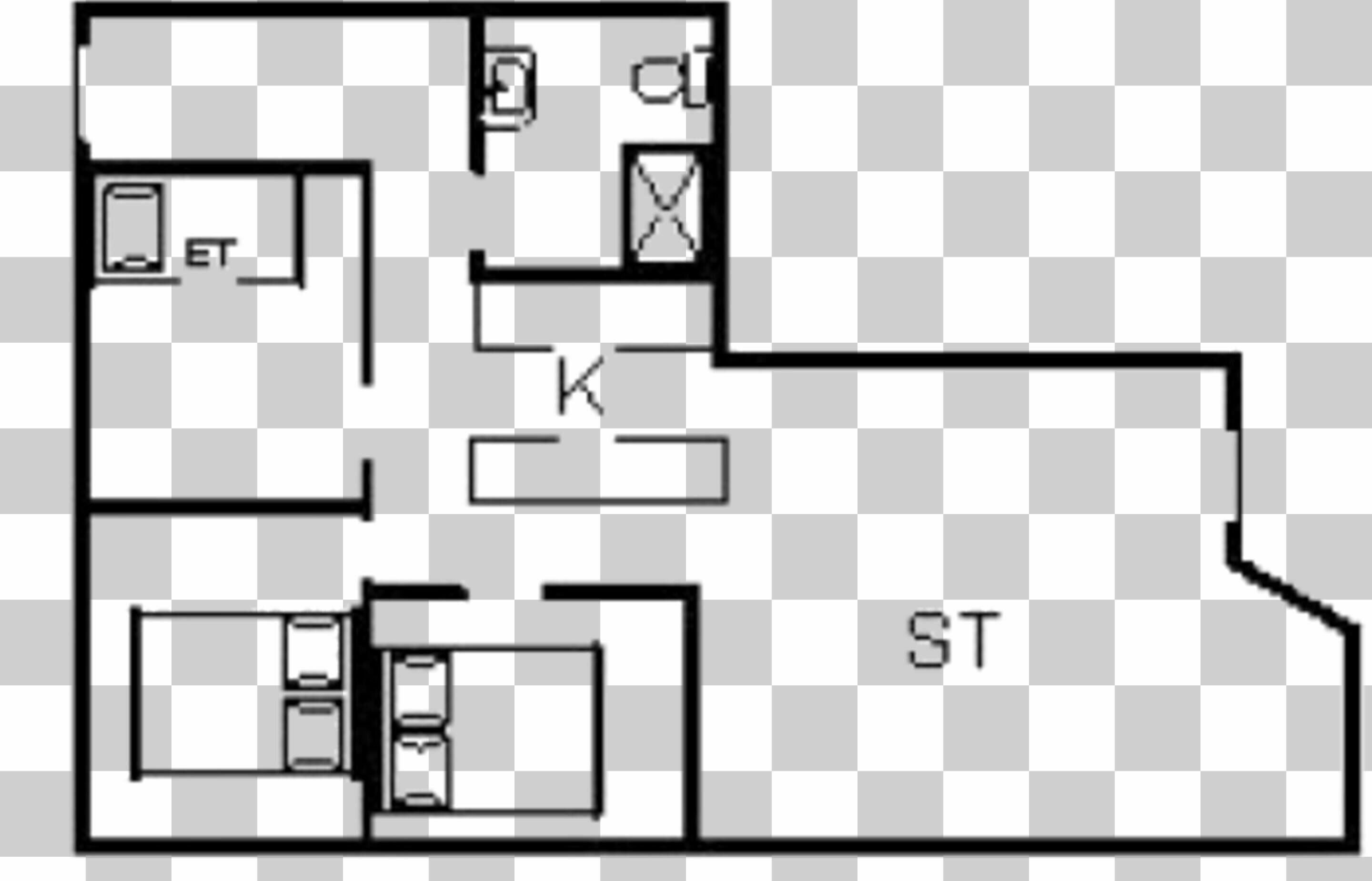 A hotel layout with a kitchen, bathroom, and a living area.
