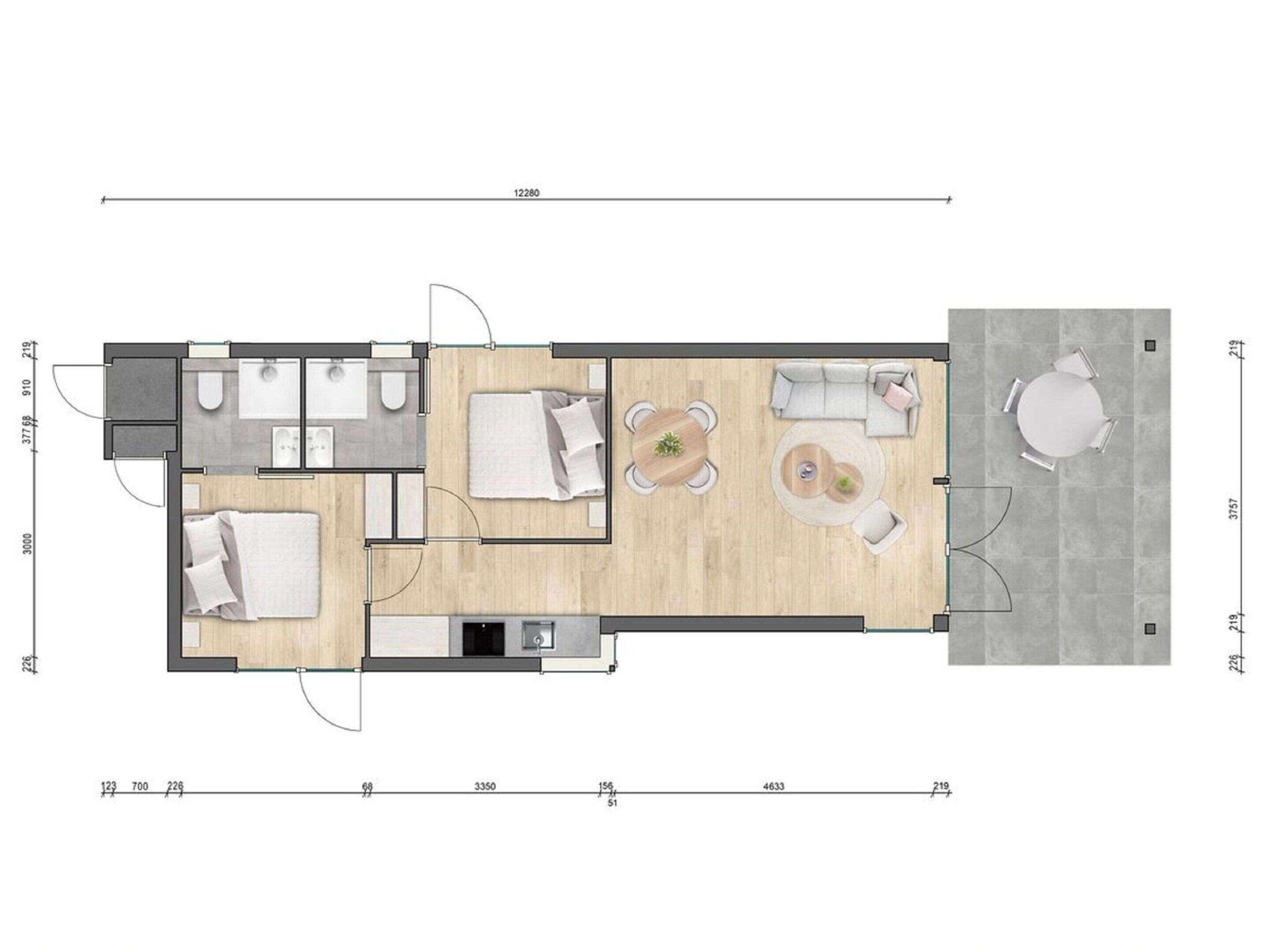 Plano de un cuarto de hotel con cama, dos zonas de estar, una kitchenette y un baño.