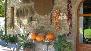 Una rústica pared de piedra con calabazas, cebollas y ajos expuestos en un estante.