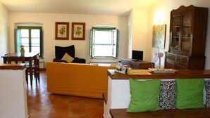 A living room with a sofa, a dining table, and a television. There are two windows with curtains, a cabinet, and a painting on the wall.