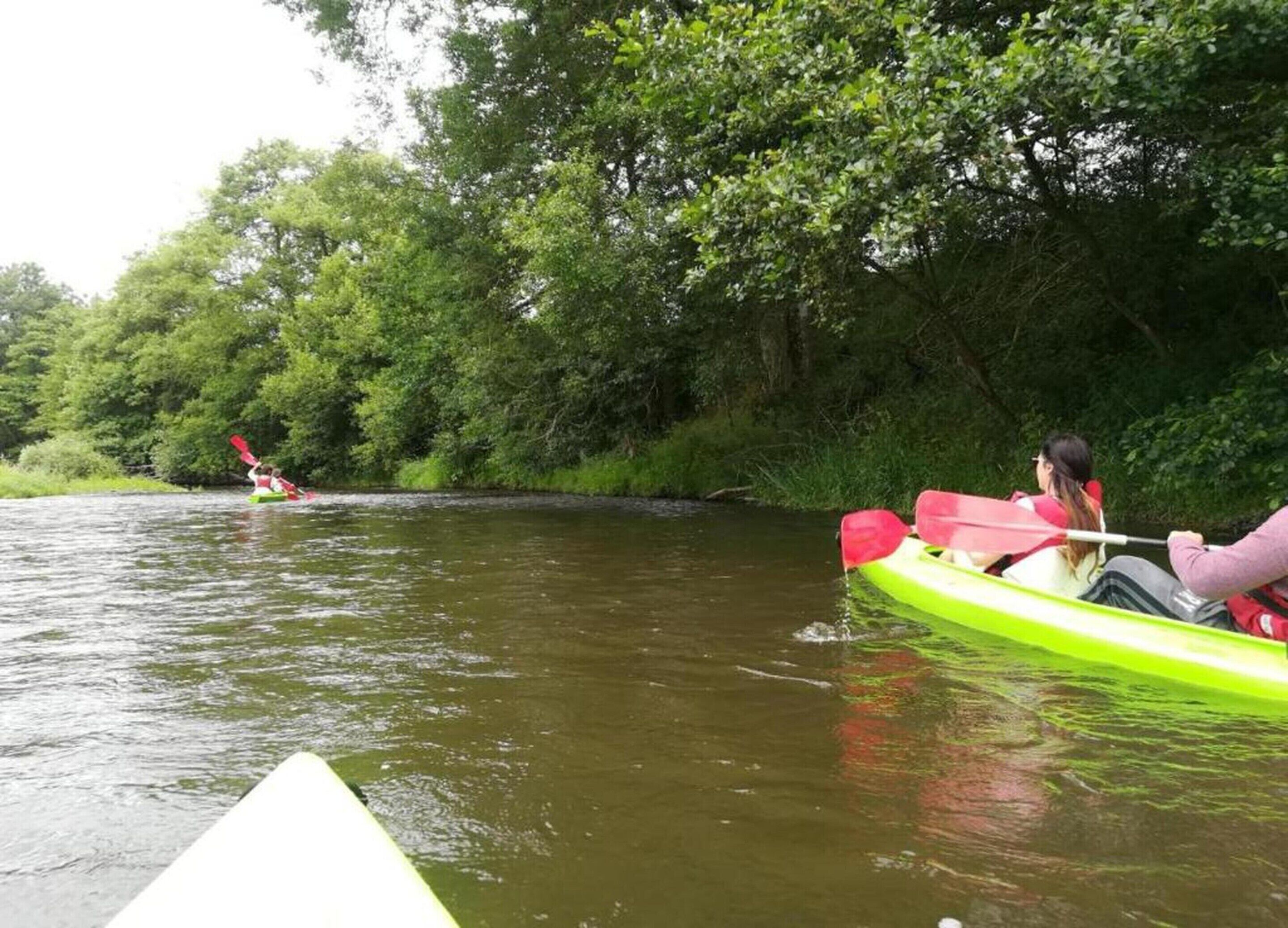 Two kayaks on a calm river surrounded by dense greenery.