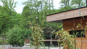 A modern building with a wooden exterior, surrounded by a garden with various plants and trees. - Ecological Holiday Home near Durbuy with Nordic Bath (Durbuy)