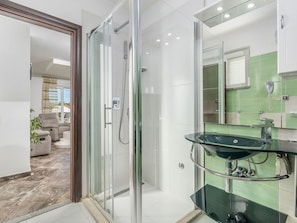 Shower, hair dryer, towels