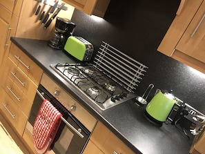 Fridge, microwave, oven, electric kettle