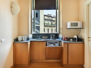 Fridge, microwave, dishwasher